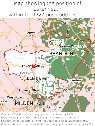 Map showing location of Lakenheath within IP27