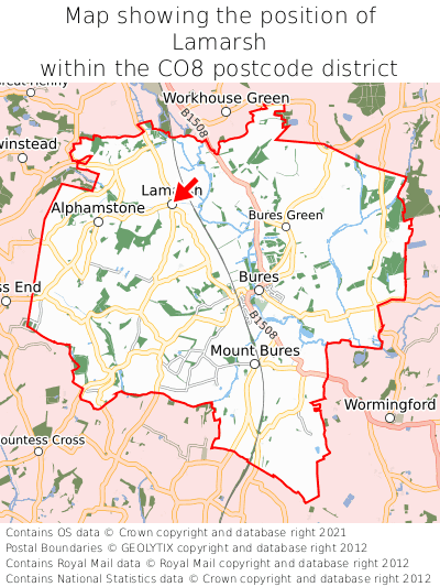 Map showing location of Lamarsh within CO8