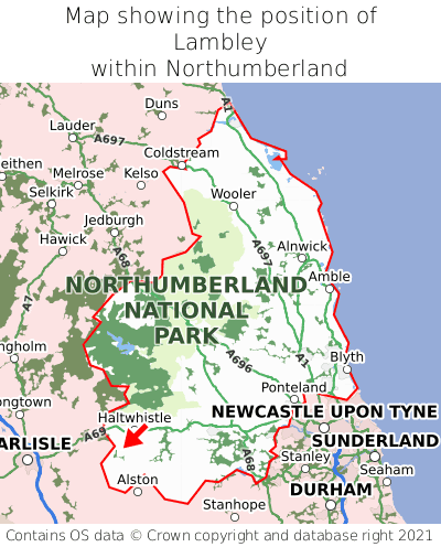 Map showing location of Lambley within Northumberland