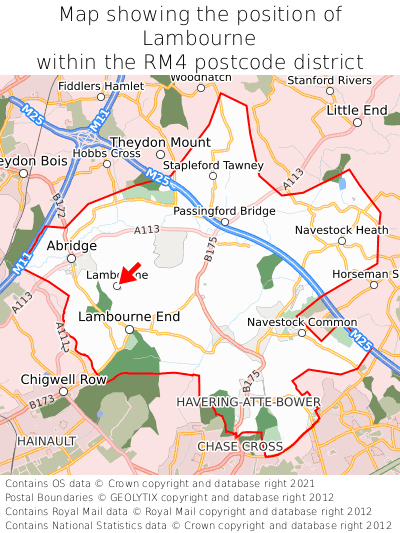 Map showing location of Lambourne within RM4