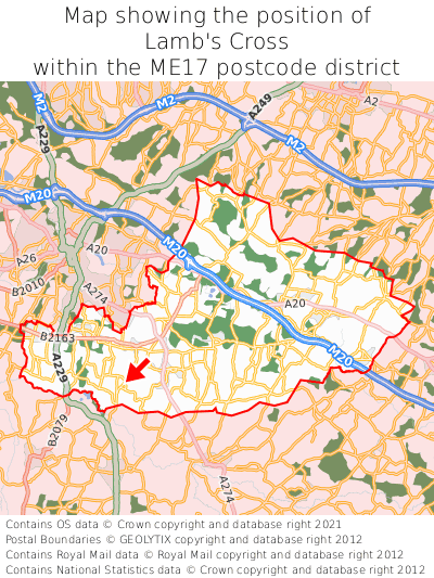 Map showing location of Lamb's Cross within ME17