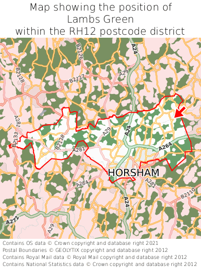 Map showing location of Lambs Green within RH12