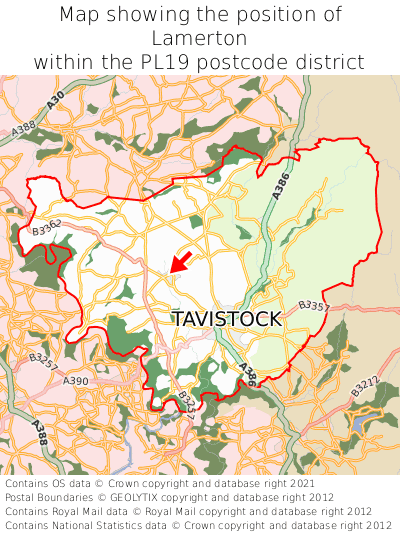 Map showing location of Lamerton within PL19