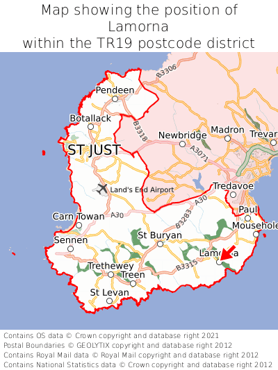 Map showing location of Lamorna within TR19