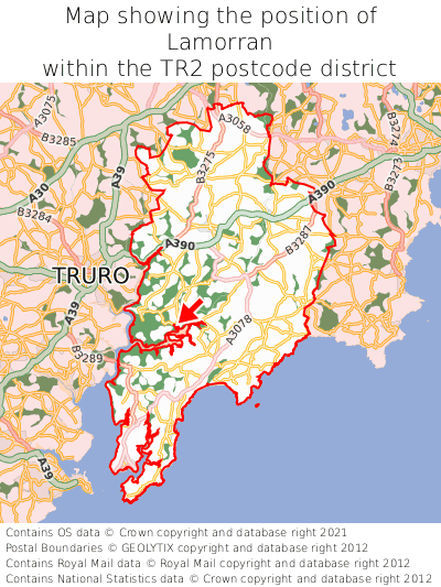 Map showing location of Lamorran within TR2