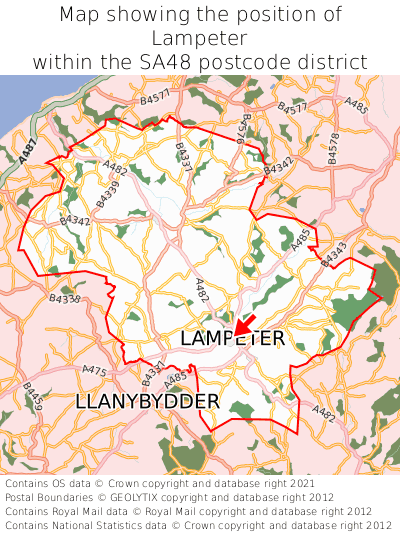 Map showing location of Lampeter within SA48