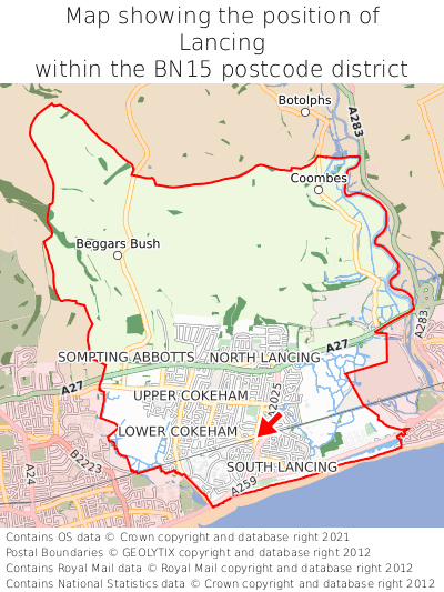 Map showing location of Lancing within BN15