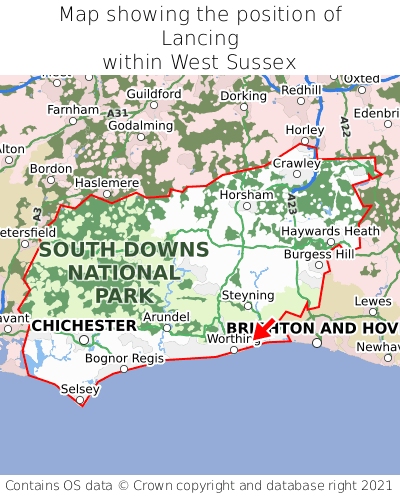 Map showing location of Lancing within West Sussex