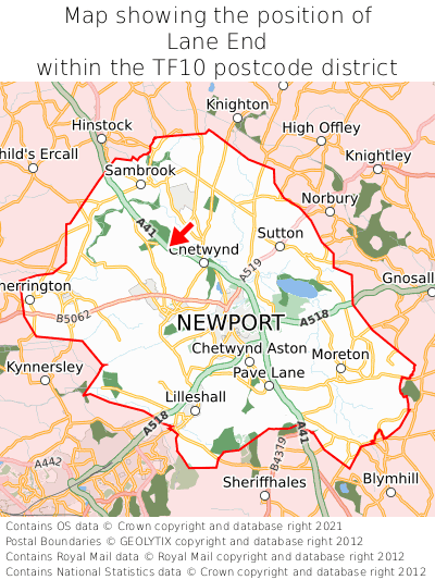 Map showing location of Lane End within TF10