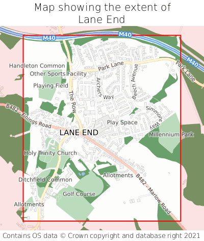 Map showing extent of Lane End as bounding box