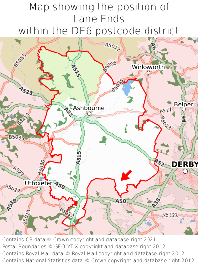 Map showing location of Lane Ends within DE6
