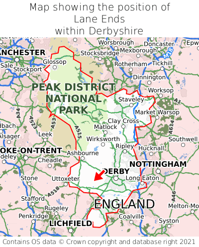 Map showing location of Lane Ends within Derbyshire