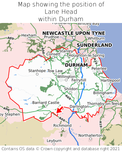 Map showing location of Lane Head within Durham