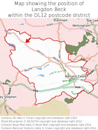 Map showing location of Langdon Beck within DL12