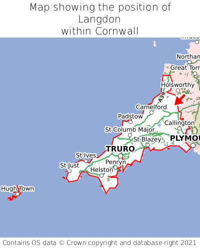 Map showing location of Langdon within Cornwall