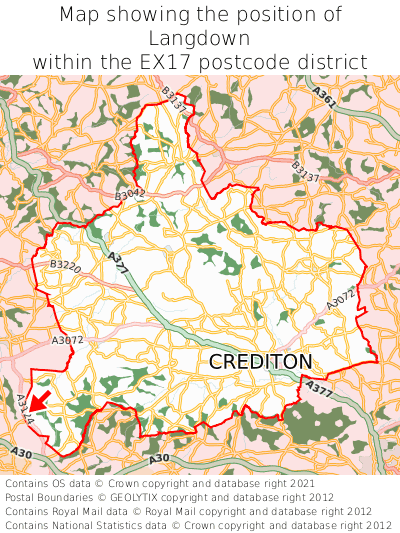 Map showing location of Langdown within EX17