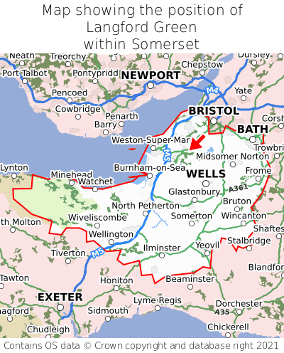 Map showing location of Langford Green within Somerset