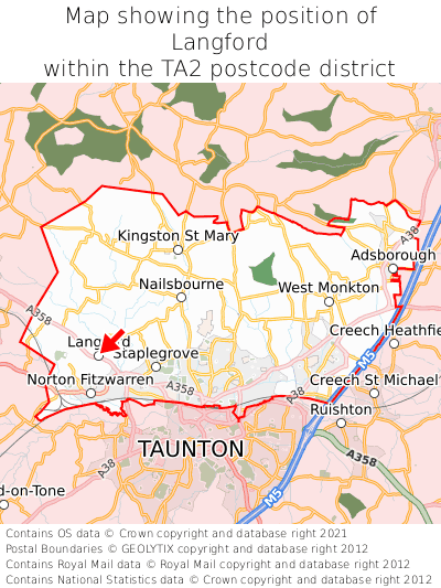 Map showing location of Langford within TA2
