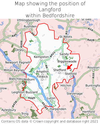Map showing location of Langford within Bedfordshire