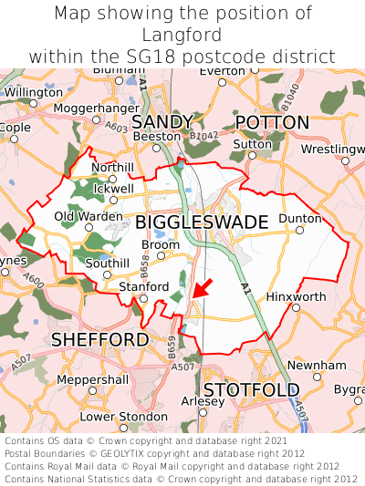 Map showing location of Langford within SG18