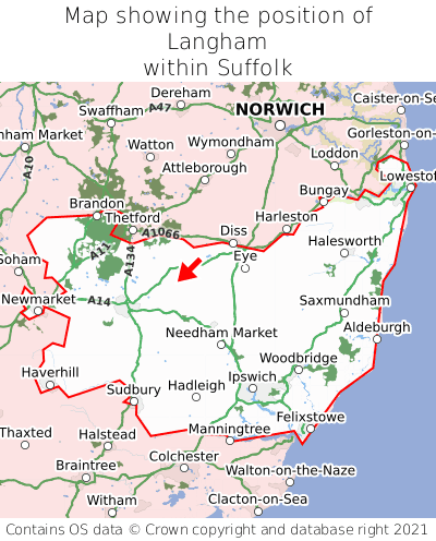 Map showing location of Langham within Suffolk