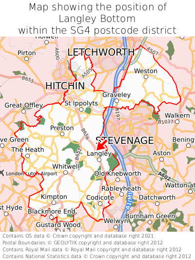 Map showing location of Langley Bottom within SG4