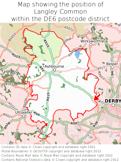Map showing location of Langley Common within DE6