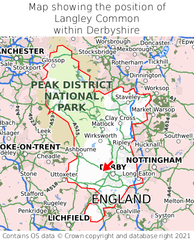 Map showing location of Langley Common within Derbyshire