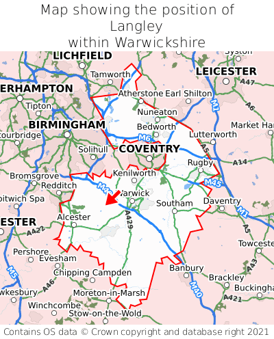 Map showing location of Langley within Warwickshire