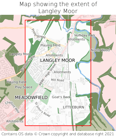 Map showing extent of Langley Moor as bounding box