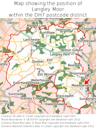 Map showing location of Langley Moor within DH7