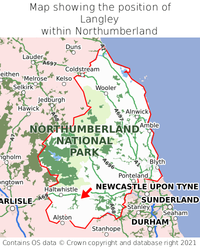 Map showing location of Langley within Northumberland