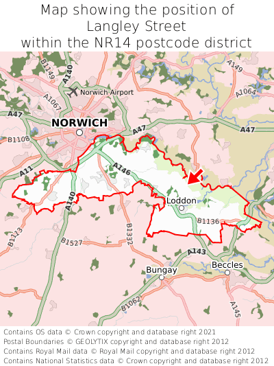 Map showing location of Langley Street within NR14