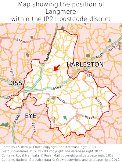 Map showing location of Langmere within IP21