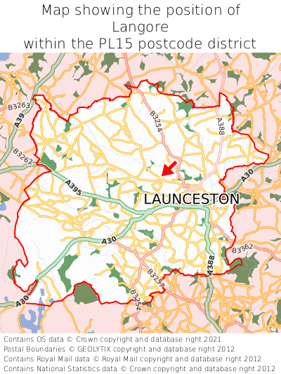 Map showing location of Langore within PL15