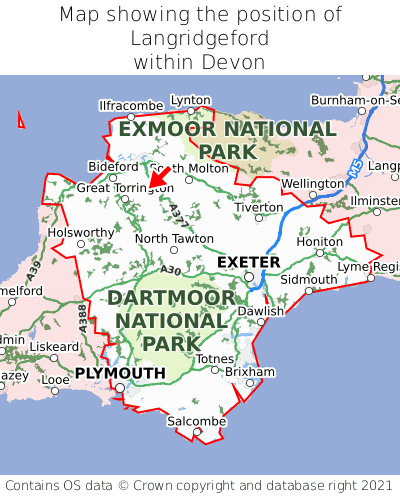 Map showing location of Langridgeford within Devon