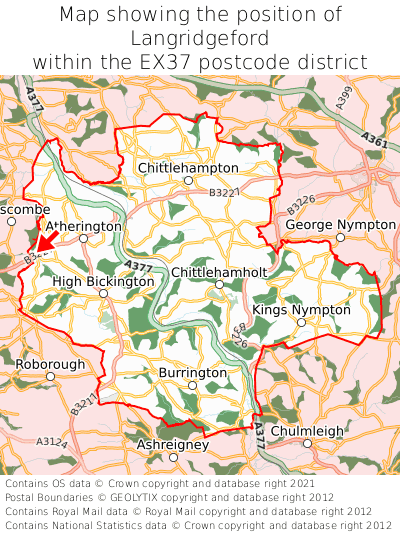 Map showing location of Langridgeford within EX37