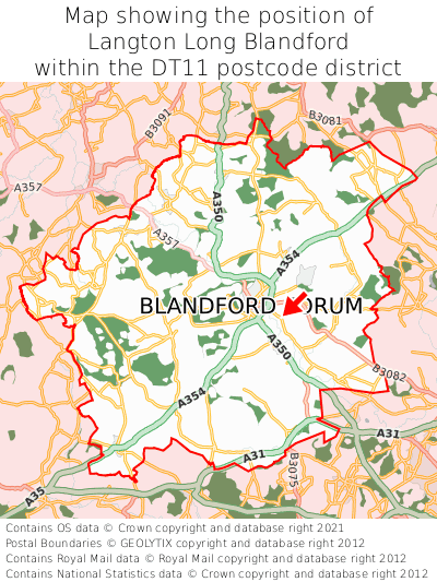 Map showing location of Langton Long Blandford within DT11