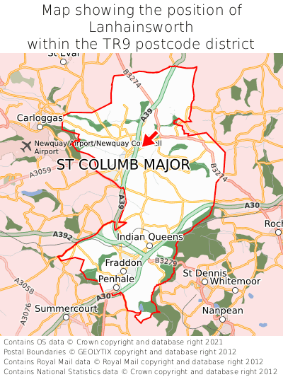 Map showing location of Lanhainsworth within TR9