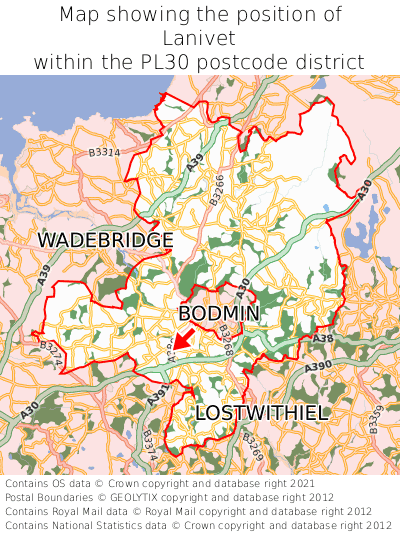 Map showing location of Lanivet within PL30