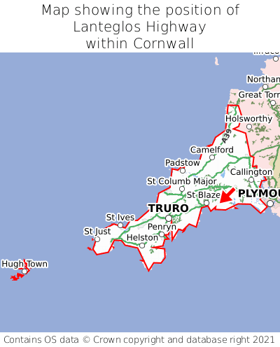 Map showing location of Lanteglos Highway within Cornwall
