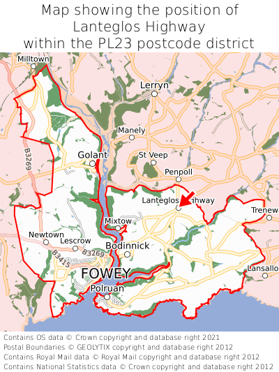 Map showing location of Lanteglos Highway within PL23