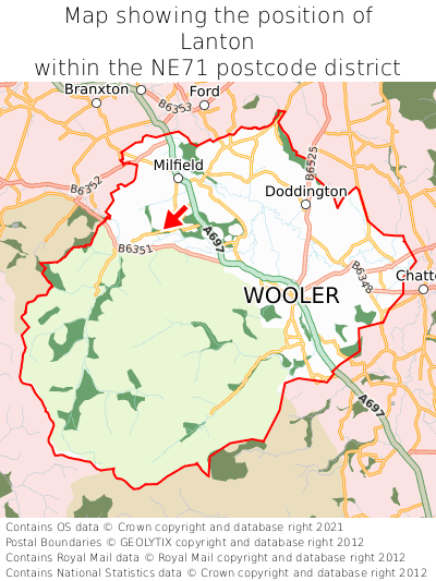 Map showing location of Lanton within NE71