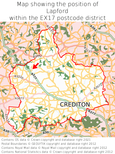 Map showing location of Lapford within EX17