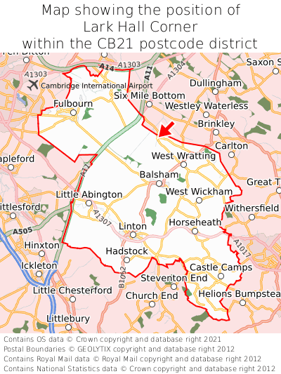 Map showing location of Lark Hall Corner within CB21