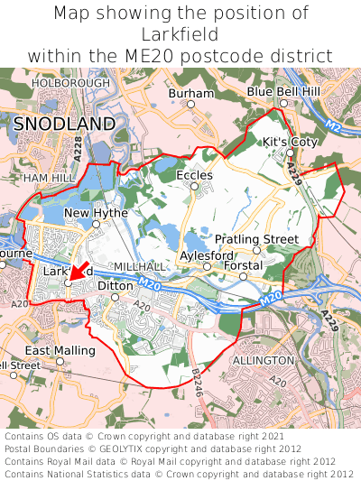 Map showing location of Larkfield within ME20