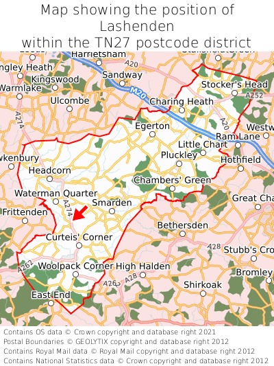 Map showing location of Lashenden within TN27