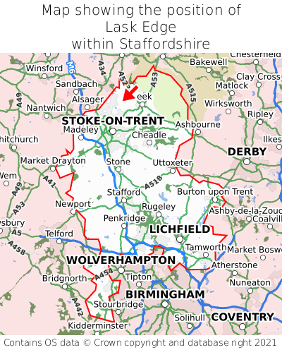 Map showing location of Lask Edge within Staffordshire
