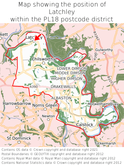 Map showing location of Latchley within PL18