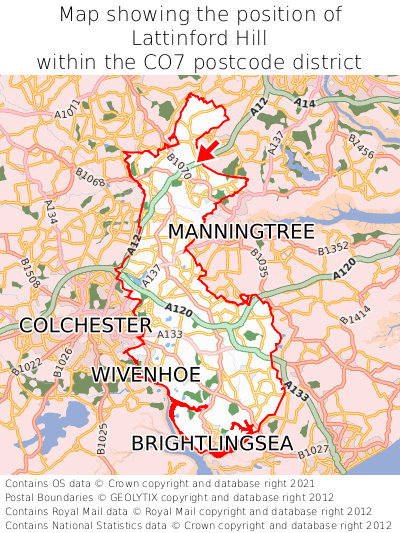 Map showing location of Lattinford Hill within CO7